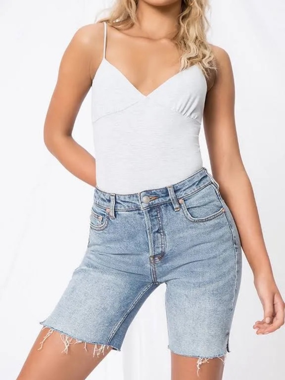 Free People Avery Denim Bermuda Button Fly Shorts 25